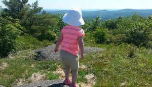 A small child stands on a rock looking out to trees and mountains in the distance